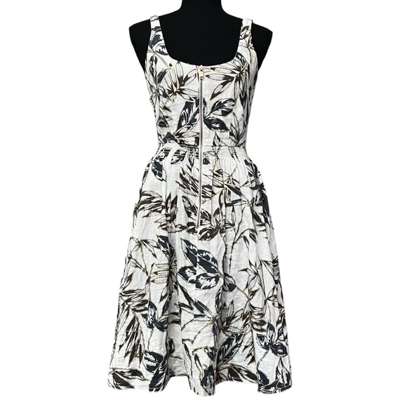 J Crew 0 Foil Leaf Zip Front 100% Linen Boho Chic Tropical Beachy A-Line Dress - Picture 1 of 16